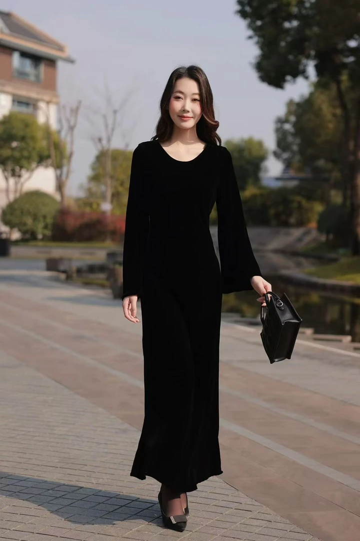 6001真丝乔绒连衣裙长裙长袖