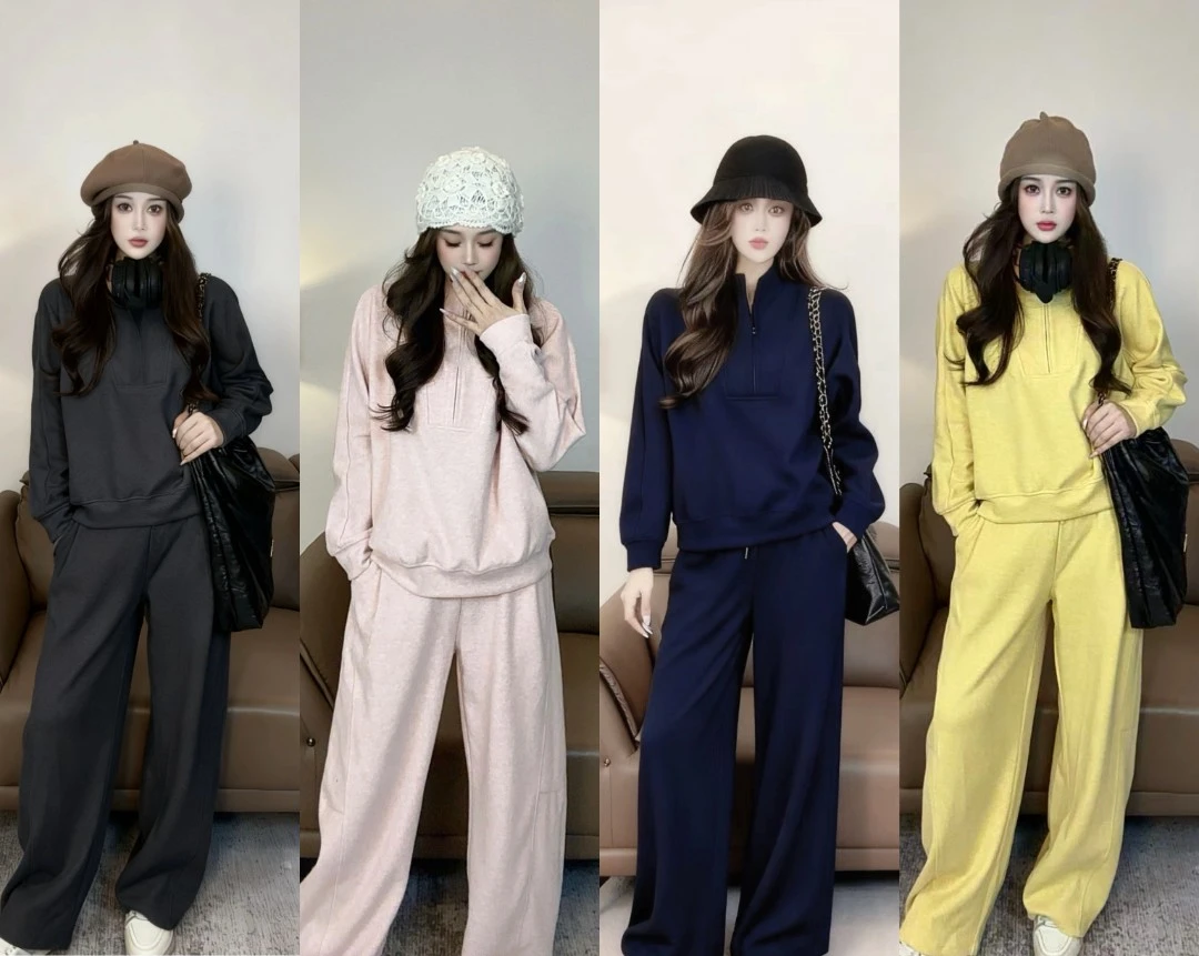 休闲运动慵懒风显瘦加厚半拉链卫衣搭配高腰系带长裤秋冬套装