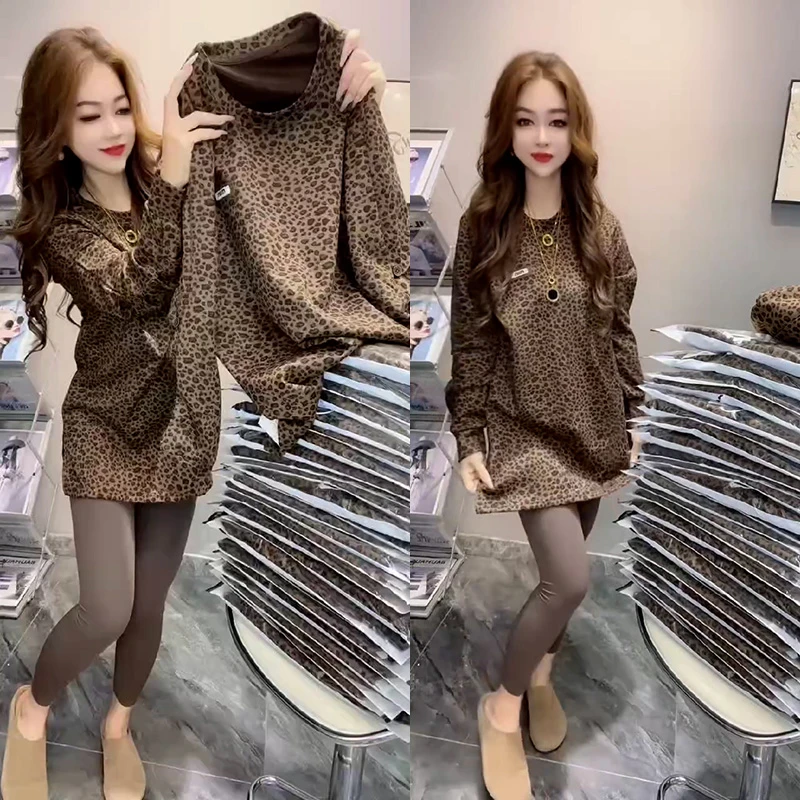 2025秋冬新款豹纹长袖t恤女上衣韩版圆领宽松显瘦时尚中长款打底