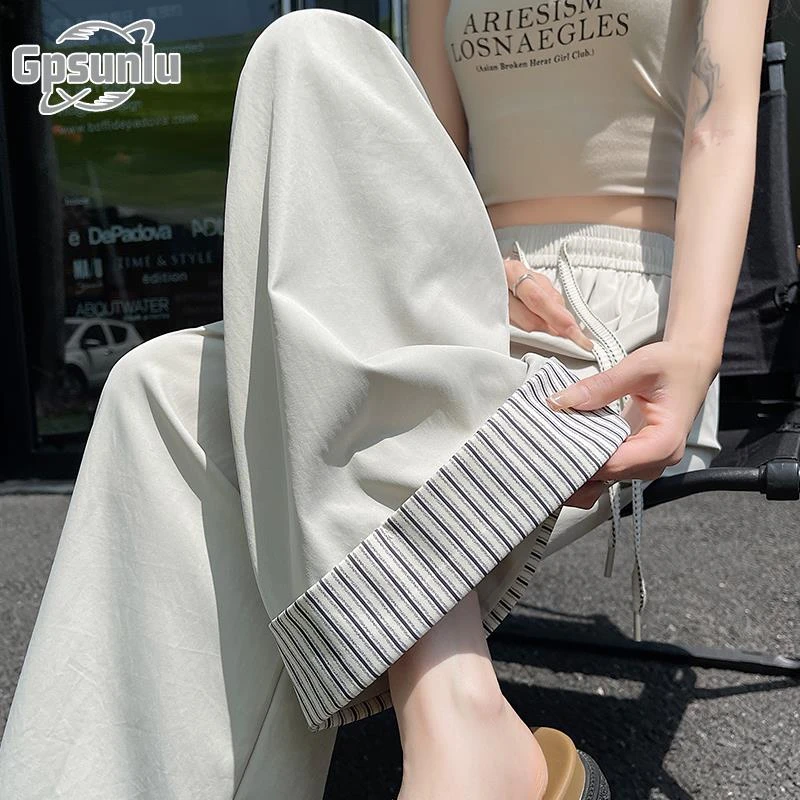 gpsunlu阔腿裤女夏季薄款小个子高腰显瘦直筒垂感条纹九分休闲裤