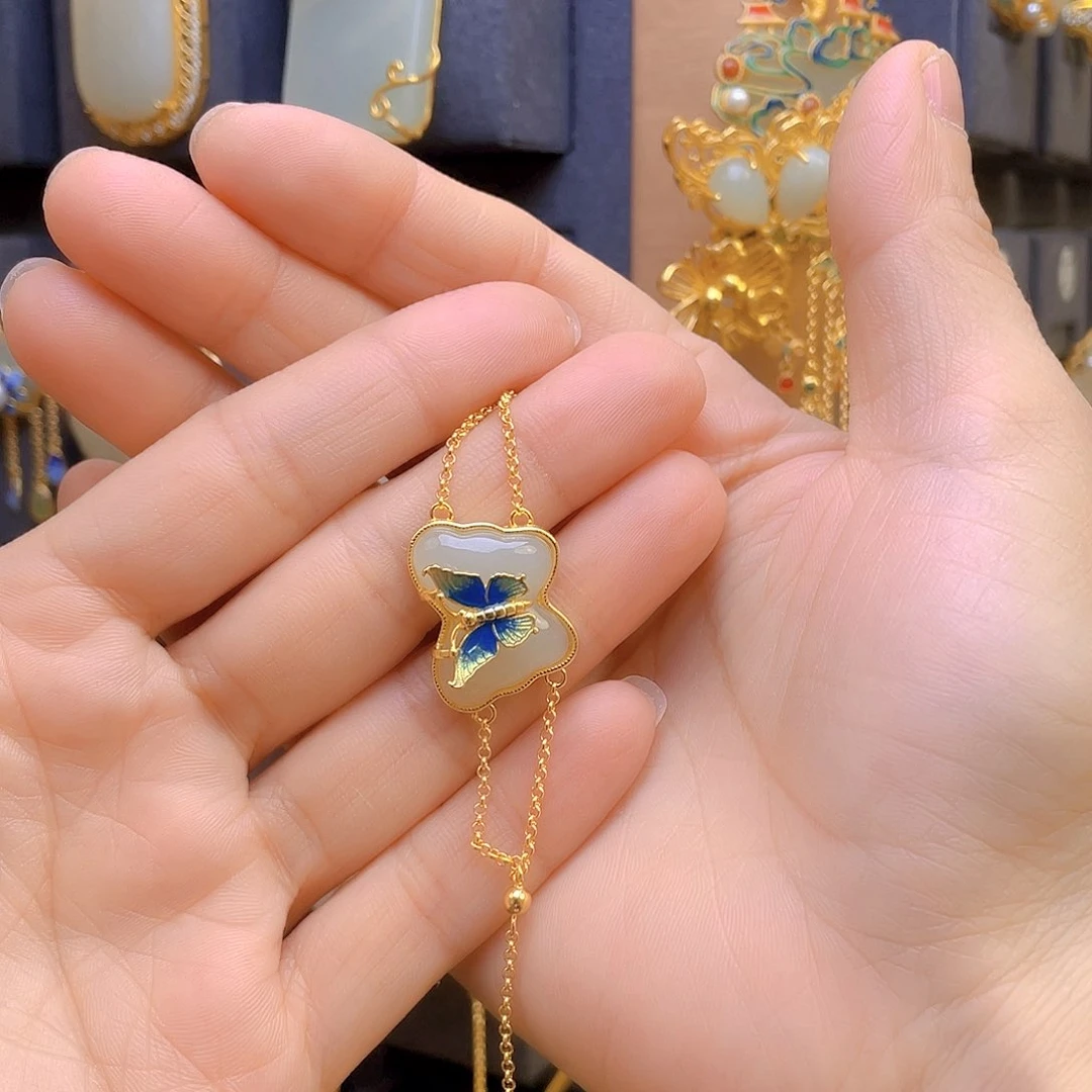 和田玉手链银S925镀金镶嵌