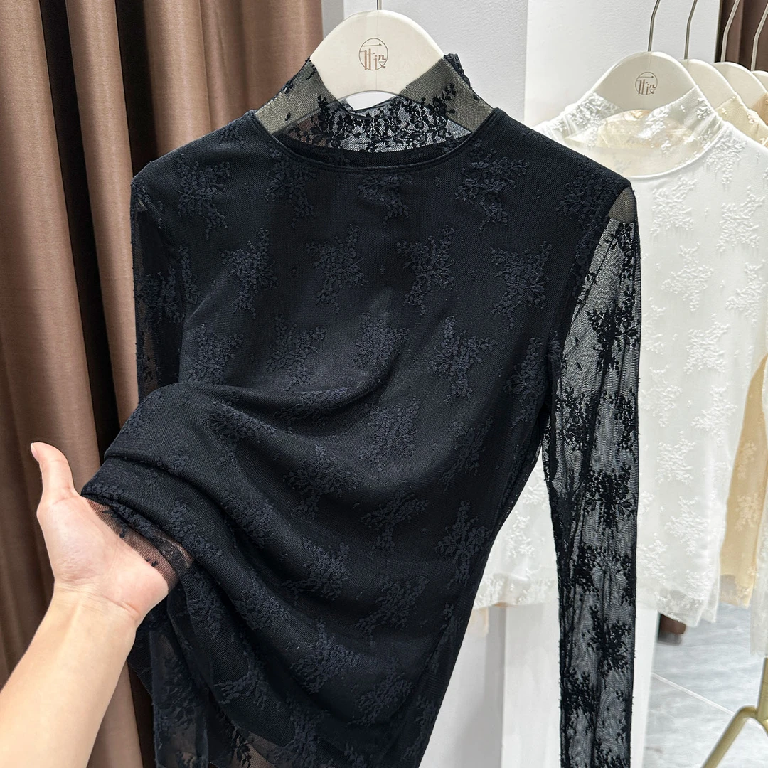 爆款黑色气质高领蕾丝衫女小众软糯长袖上衣秋冬新款设计感打底衫