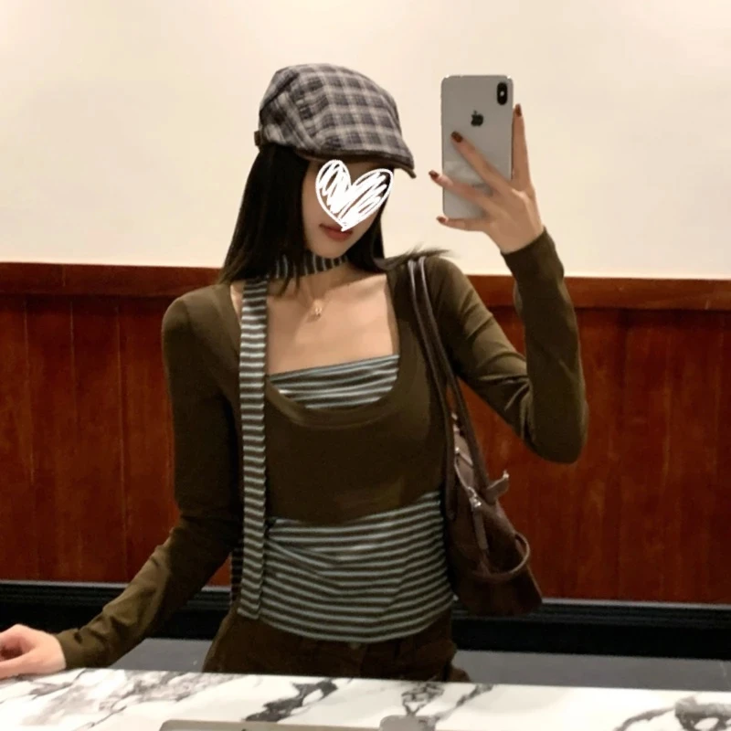 梦优莱假两件配围脖长袖T恤女装秋季韩系辣妹风时尚修身显瘦上衣