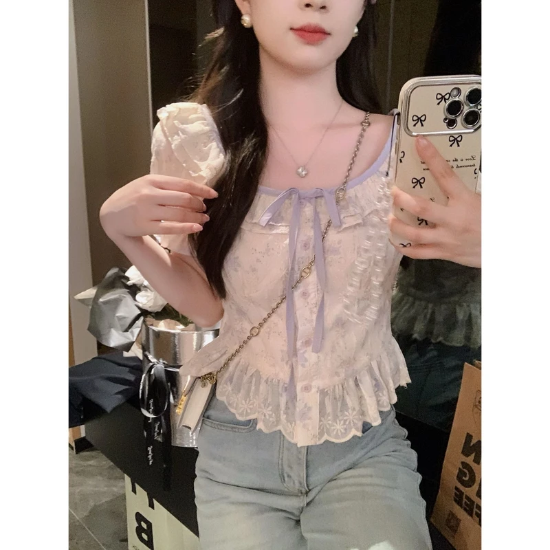 2025夏季新款法式温柔甜美晕染紫色碎花刺绣方领上衣