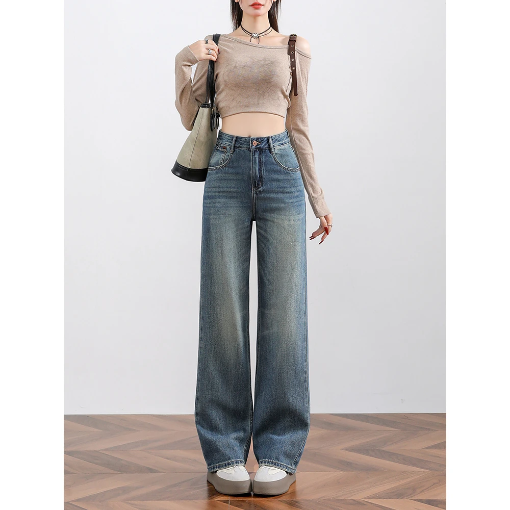 牛仔阔腿裤女2025春季新款高腰宽松百搭显瘦垂感拖地裤女装#89167