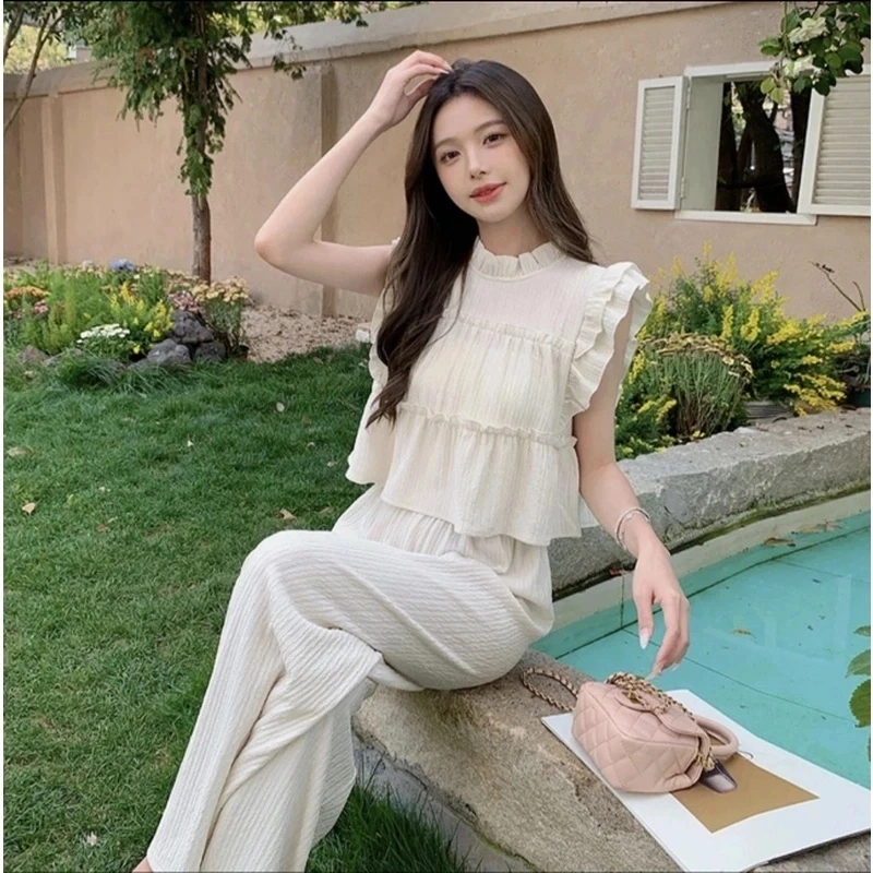 2025新款无袖套装立领花边压褶上衣茶系穿搭松紧阔腿裤一整套