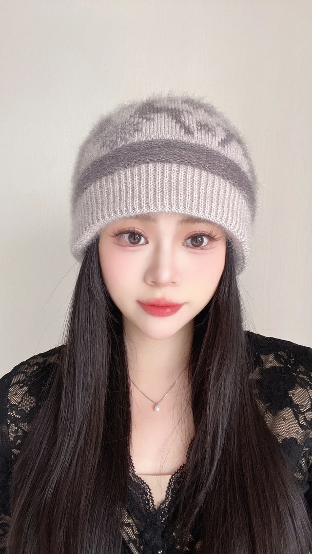 冬季小鹿款圆顶秋冬帽子混毛粉花纱圆帽女士百搭时尚网红