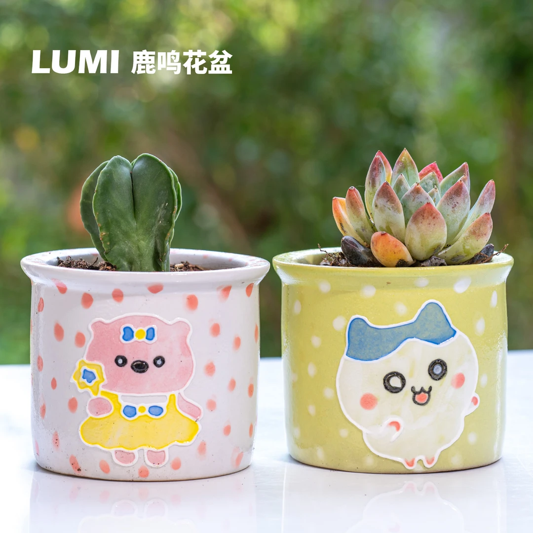 鹿鸣圆点卡通景德镇手绘ip拉布布蜡笔小新乌萨奇多肉绿植陶瓷花盆