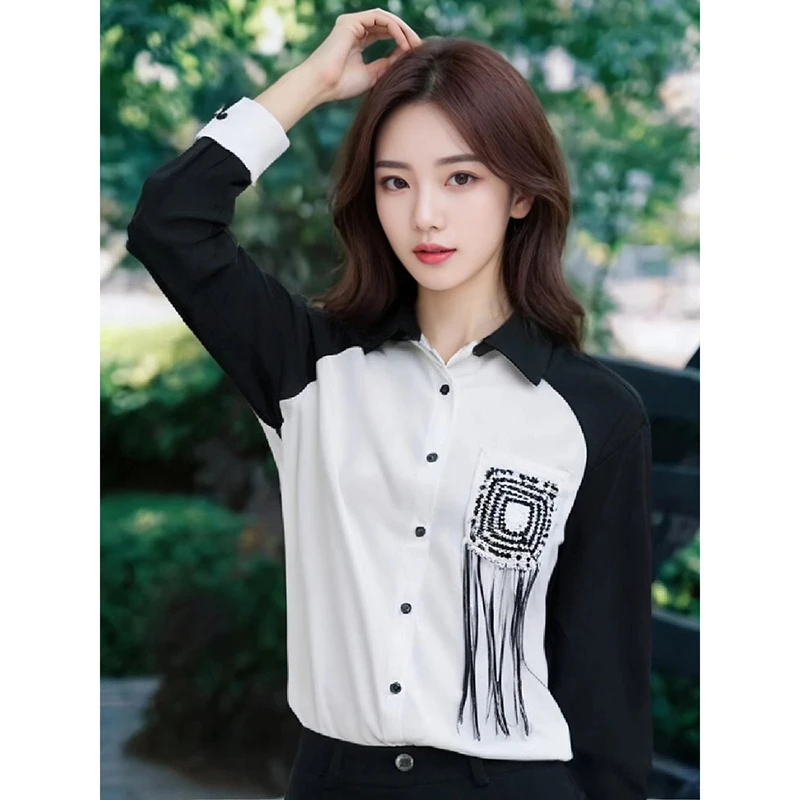 36915【N系列】时尚黑白撞色长袖衬衫C23Q2C5289