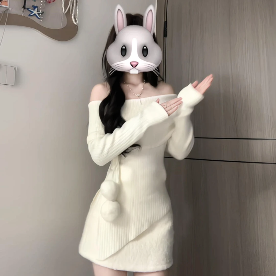 韩系纯欲风一字肩针织衫女2026秋冬新款收腰小个子包臀短裙两件套