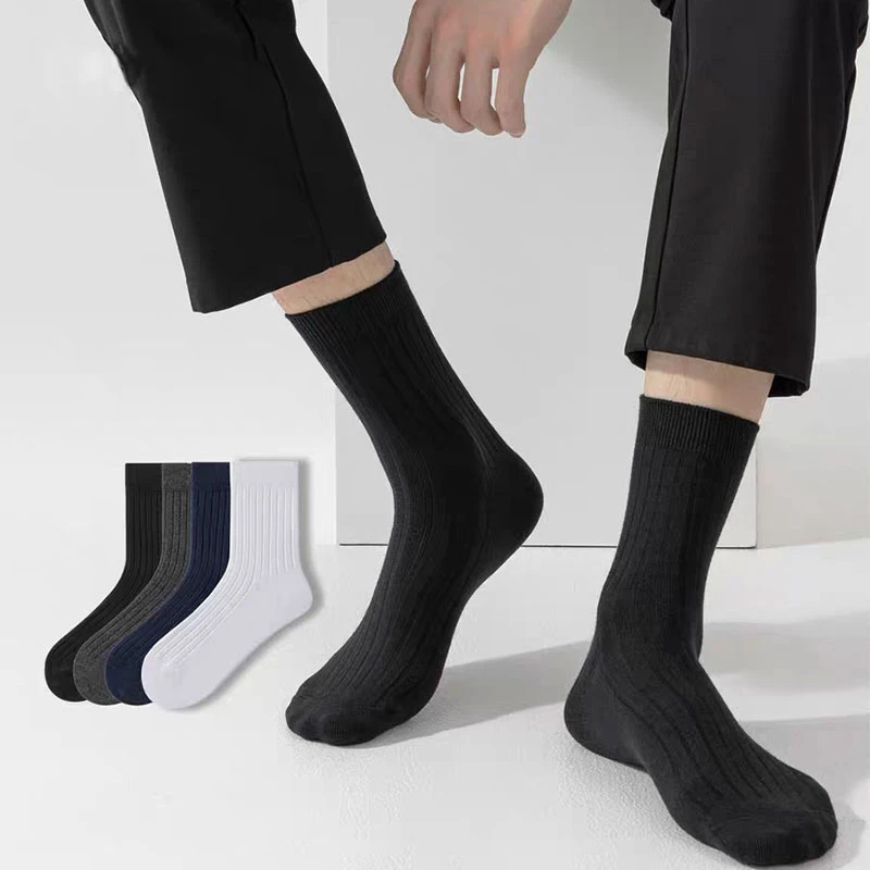 袜子男秋冬季中高筒纯色棉袜冬季加厚款保暖黑色长筒白色男士棉袜