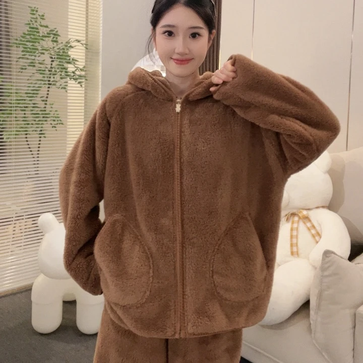 睡衣女加绒北羔绒秋冬季套装连帽加厚可外穿家居服纯色爆款法兰绒