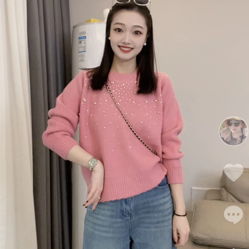 32#不起球套头重工钉珠长袖纯色毛衣针织衫