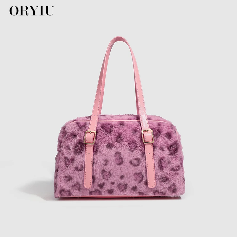 ORYIU【甜甜豹宝】时尚潮流毛绒豹纹手提包印花百搭甜美包包小众ins