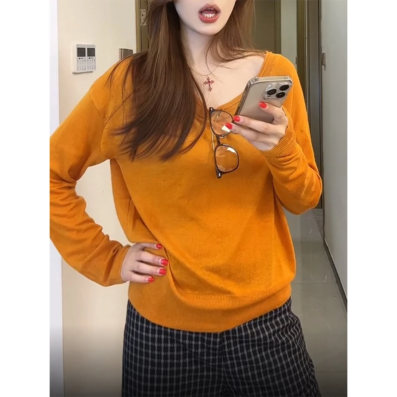 法式斜肩露肩针织长袖t恤女秋季巨好看设计感轻熟小众不撞款上衣