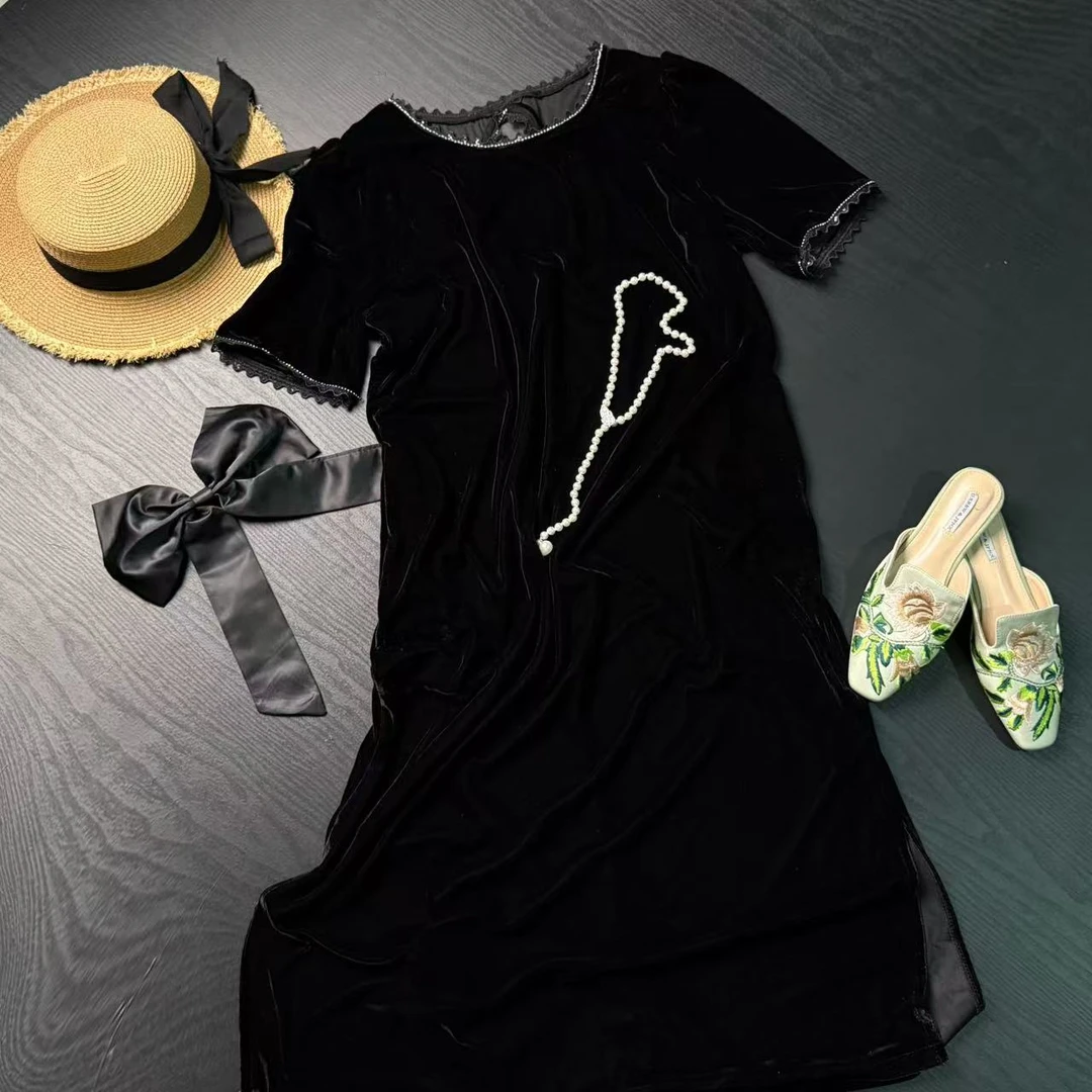 夏季国风新品大码女装长款真丝丝绒连衣裙