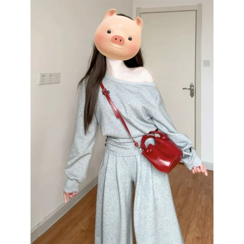 开春穿搭一整套早春季女装休闲时尚斜灰色斜肩运动阔腿裤两件套装