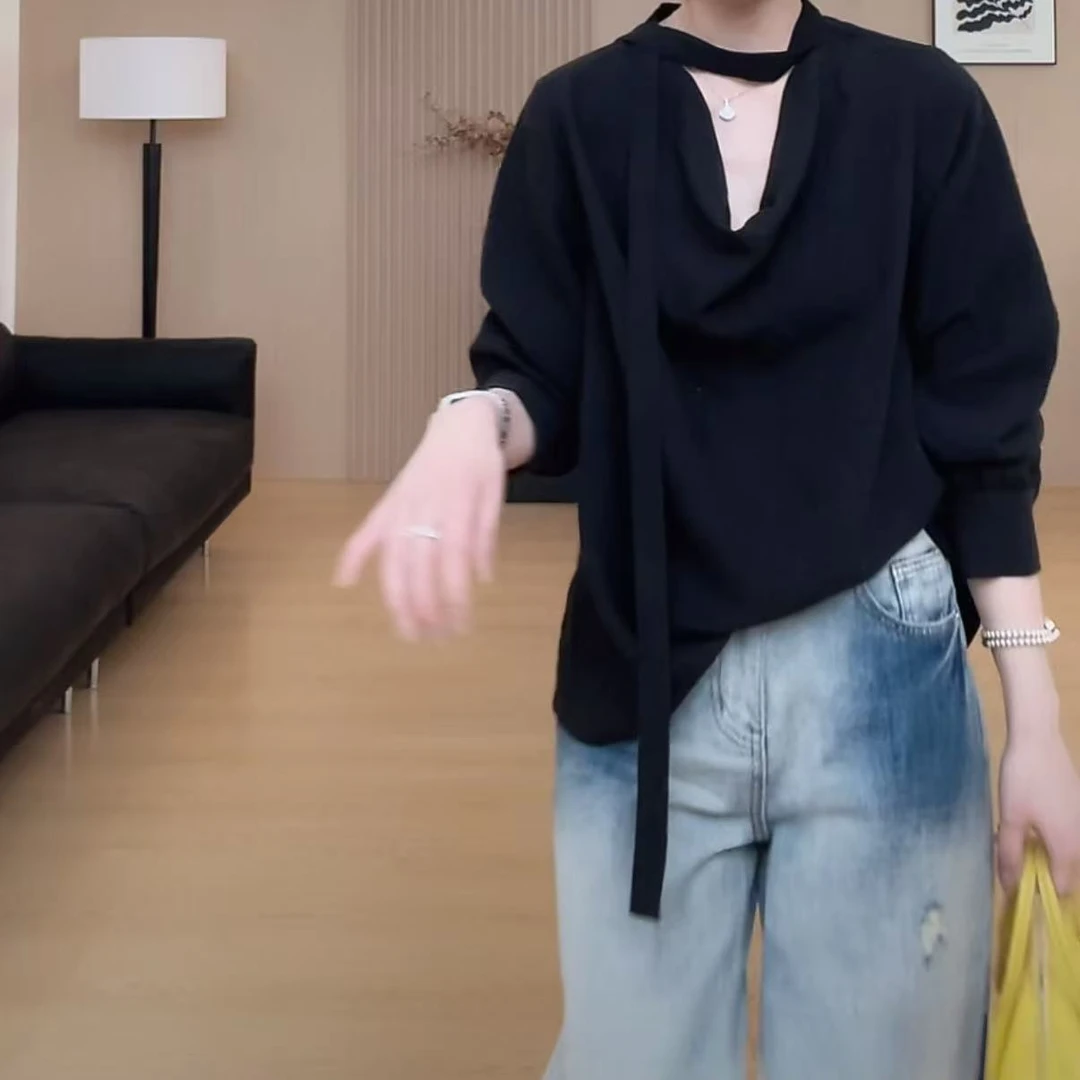优雅荡领小衫飘带长袖上衣女2025秋新款设计感复古时尚气质上衣