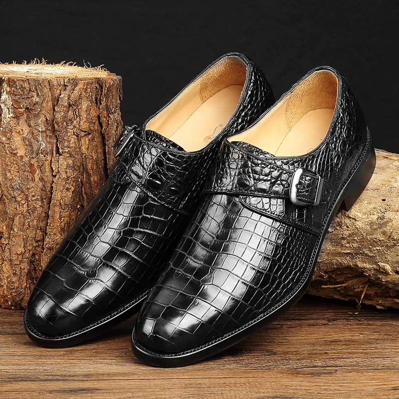 全鳄鱼皮男鞋真皮大底商务正装西装低帮鞋男士高档孟克皮鞋百搭