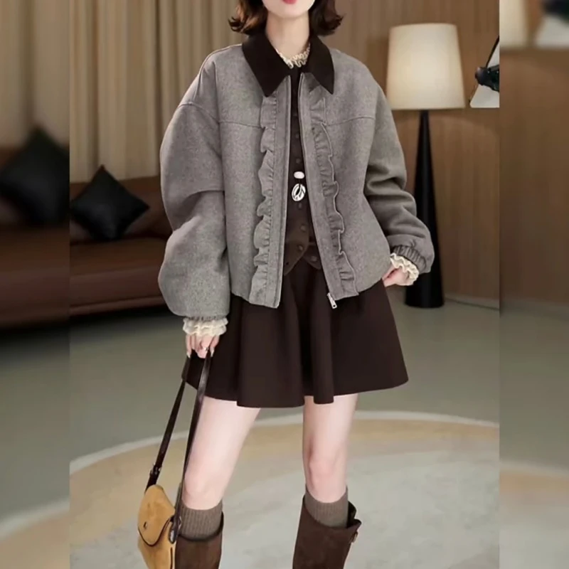 冬季翻领木耳边设计感拉链短外套韩版气质时尚百搭宽松显瘦上衣女