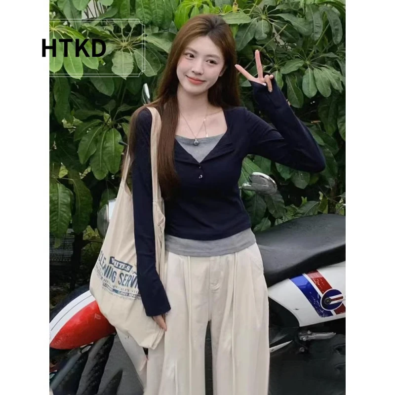 HTKD设计假两件长袖t恤女2025新款春秋季内搭打底衫修身别致短