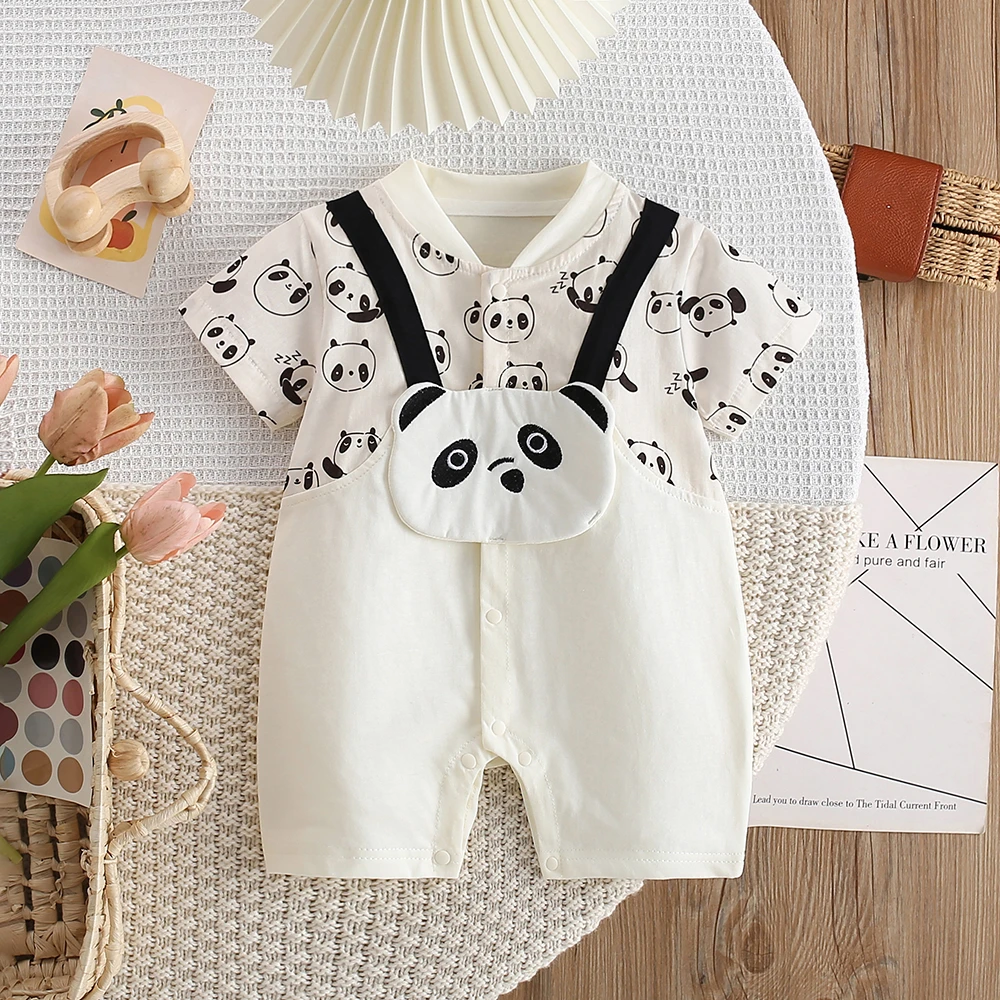 【夏季】新款阿宝的新学季纯棉婴幼儿洋气薄款卡通熊猫头连体衣哈衣
