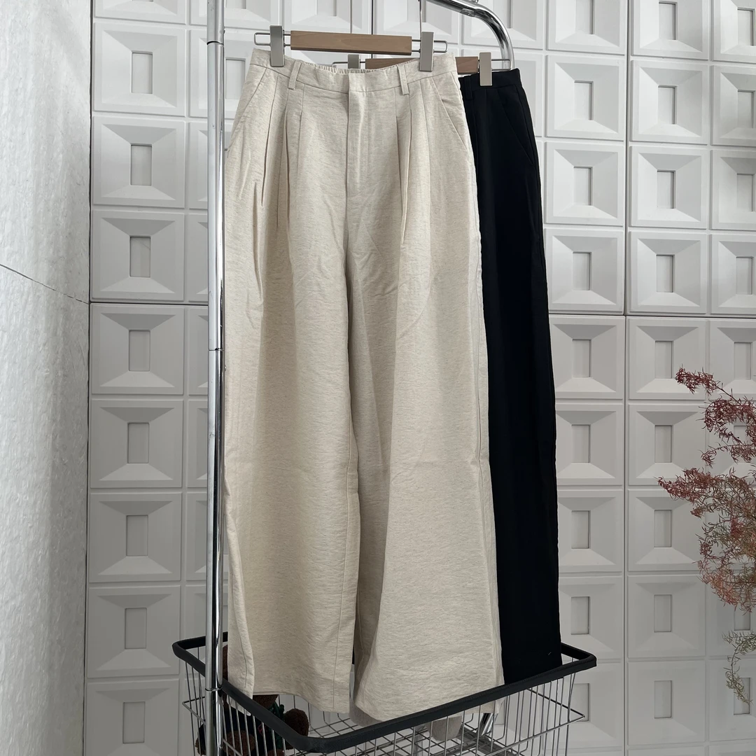 宽松捏褶亚麻高腰阔腿休闲长裤 TF-2504078