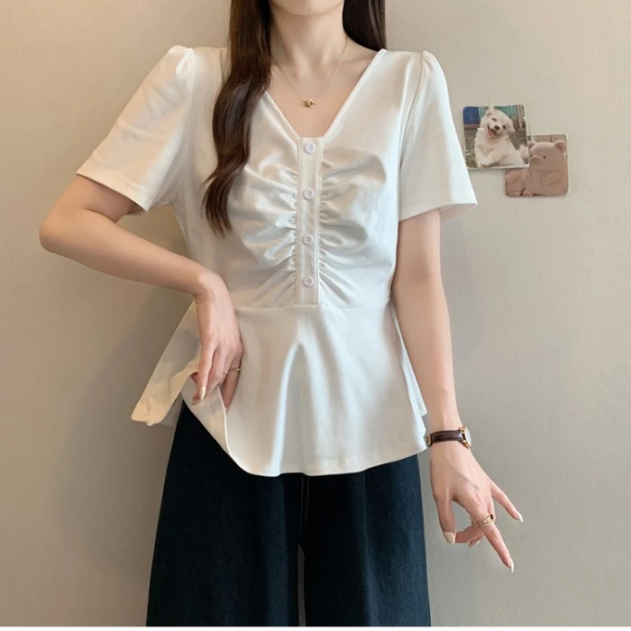 大码遮肚子荷叶边褶皱V领短袖T恤女夏季胖MM修身显瘦百搭洋气上衣