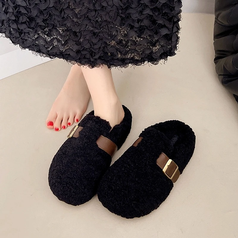 【万达撤柜】网红包头毛毛半拖女秋新款韩版平底休闲外穿女式拖鞋一