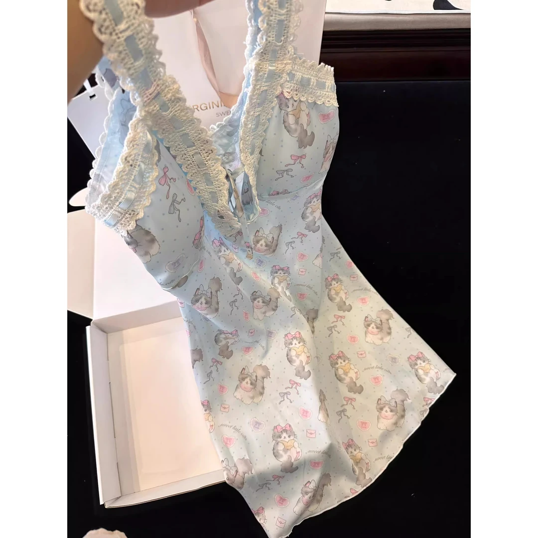 法式性感冰丝睡衣夏天女款纯欲风高级感蕾丝吊带睡裙带胸垫家居服