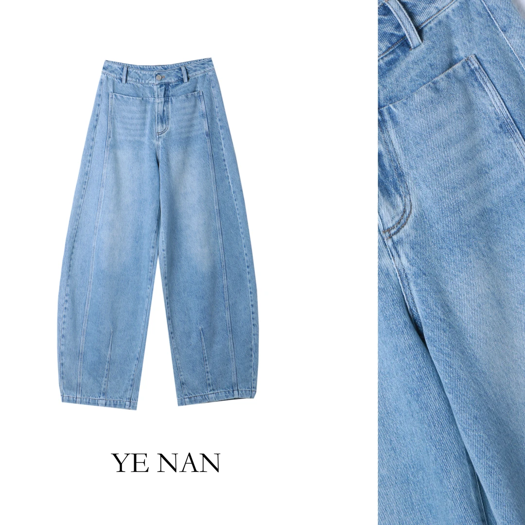 浅色牛仔裤女2025年春季新款宽松显瘦高腰直筒弯刀裤KZ053