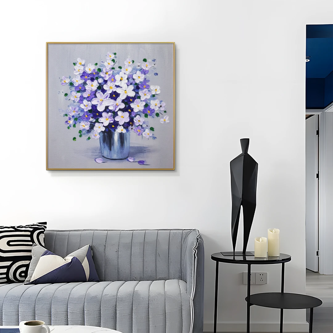 高端简约手工油画布厚油肌理装饰画 铝合金边框 客厅沙发花瓶6060