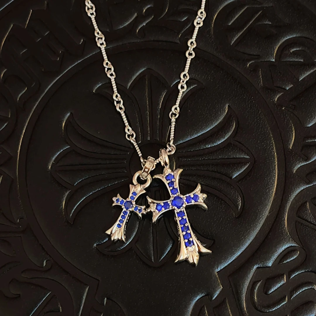 铜合金项链 031银色蓝钻双十字架项链克罗风格男士欧美小众哥特风