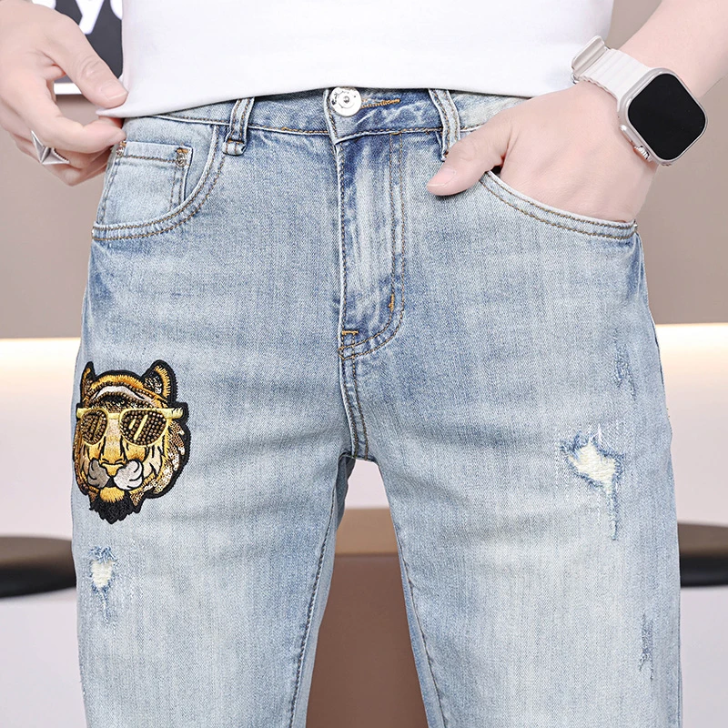 TERINELO/黛芮奈勒春秋季老虎刺绣牛仔裤男潮牌破洞薄款修身小脚