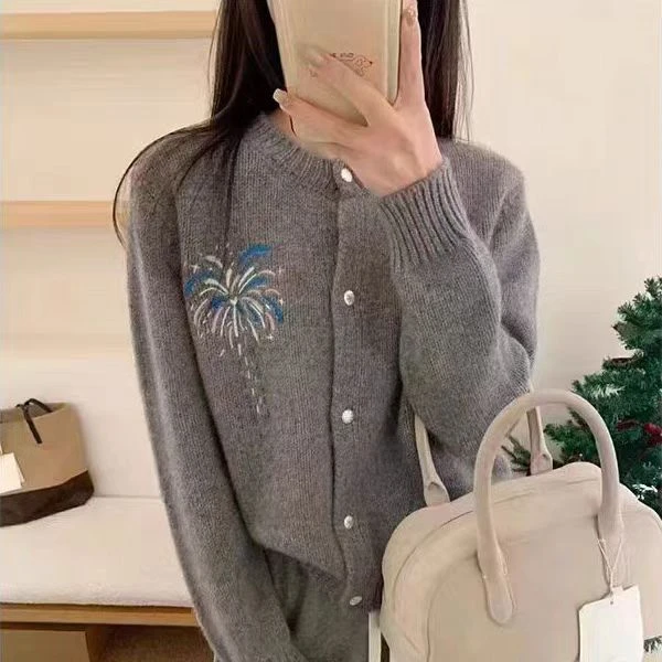 【烟花灰色】欧货韩系烟花刺绣提花圆领长袖针织开衫