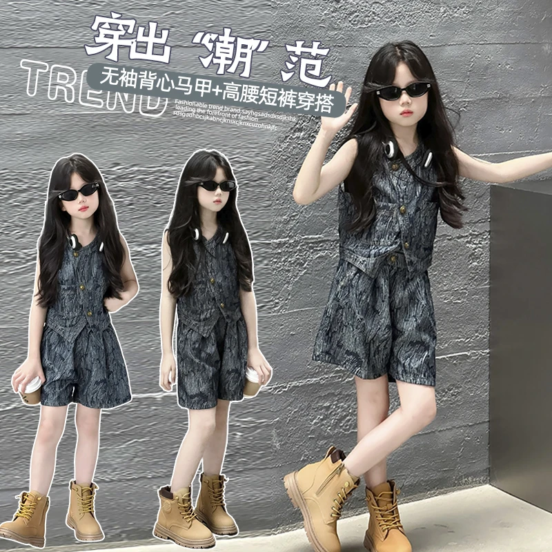 女童夏套装牛仔提花马短裤两件0套中大童225新款甲直筒裤休闲轻薄