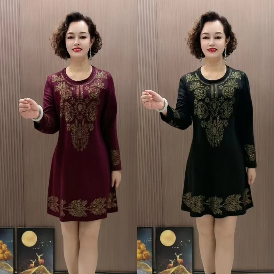 时尚圆领长袖重工烫钻宽松遮肚中老年春秋气质打底裙子蕾丝连衣裙