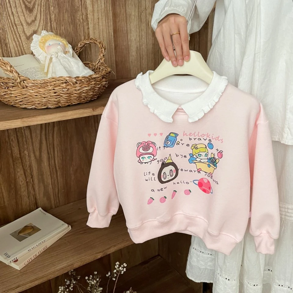 秋季新款拉布布花边领套头女孩长袖女童百搭时尚卫衣