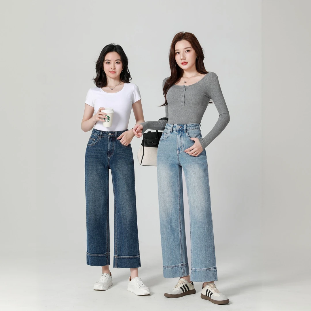 【MILAKA】浅蓝色莱赛尔天丝阔腿牛仔裤薄款高腰宽松垂感直筒裤女