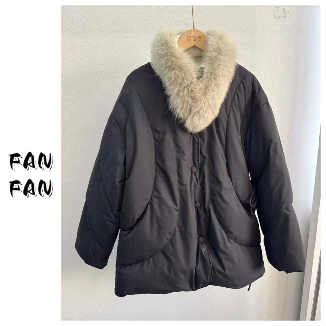 FANFAN 【毛领可拆卸】腰绳白鸭绒羽绒服