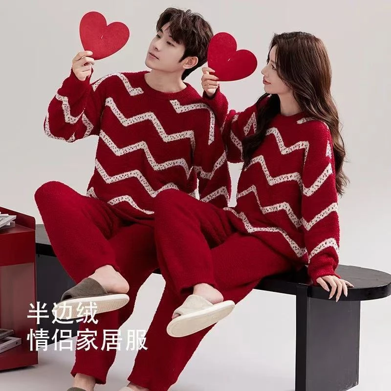新年红色情侣睡衣秋冬新款半边绒加绒加厚保暖条纹新婚结婚家居服