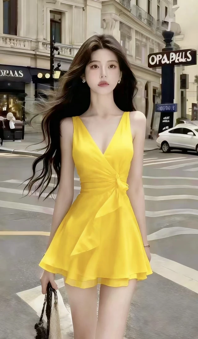 时尚氛围感显瘦A字裙露肩纯欲甜辣风短裙黄色V领无袖收腰连衣裙