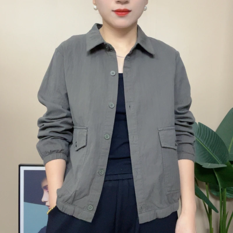 2025新款翻领气质百搭宽松春季韩版妈妈款水洗棉开衫中老年女装