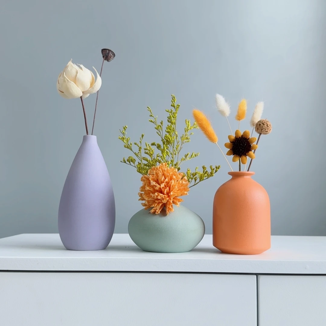 瓷片陶瓷小花瓶套装含花总高约20-30cm