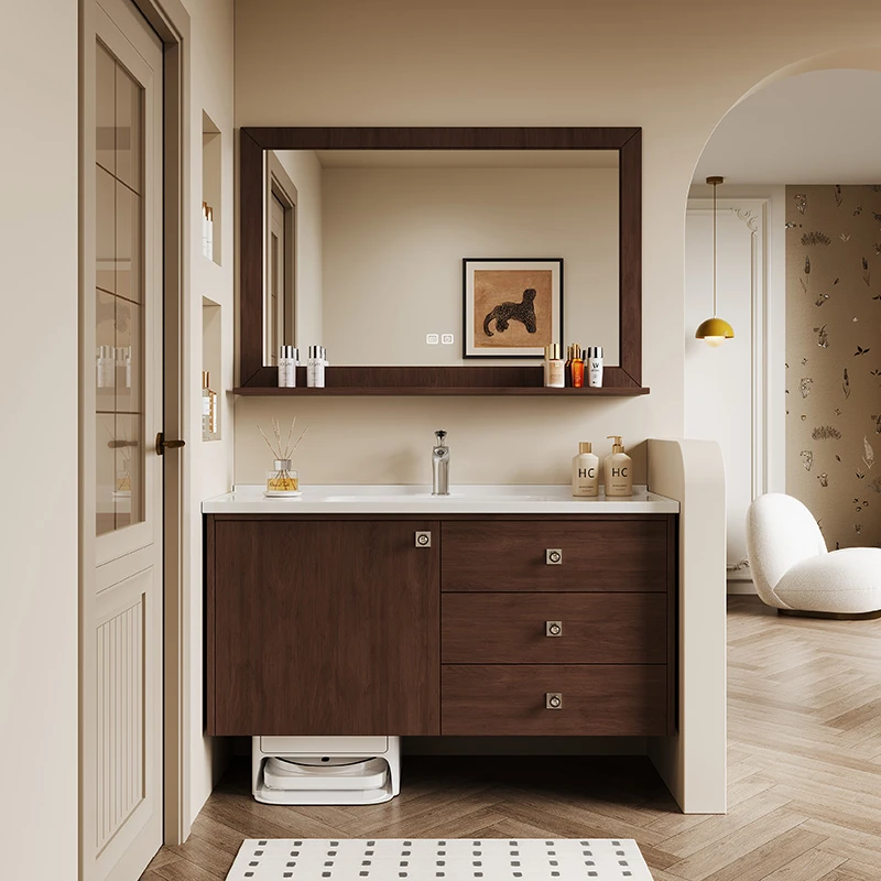 胡桃色中古复古风陶瓷一体烤漆橡木浴室柜组合卫生间洗漱台卫浴柜
