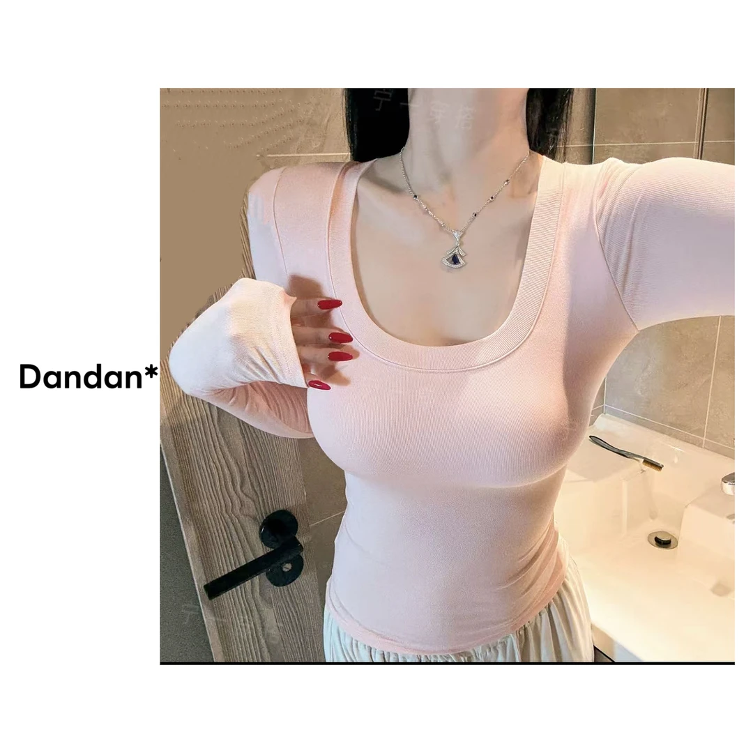 【丹丹专属】2025长袖U型领拼接T恤加绒常规修身圆领加厚百搭老钱风