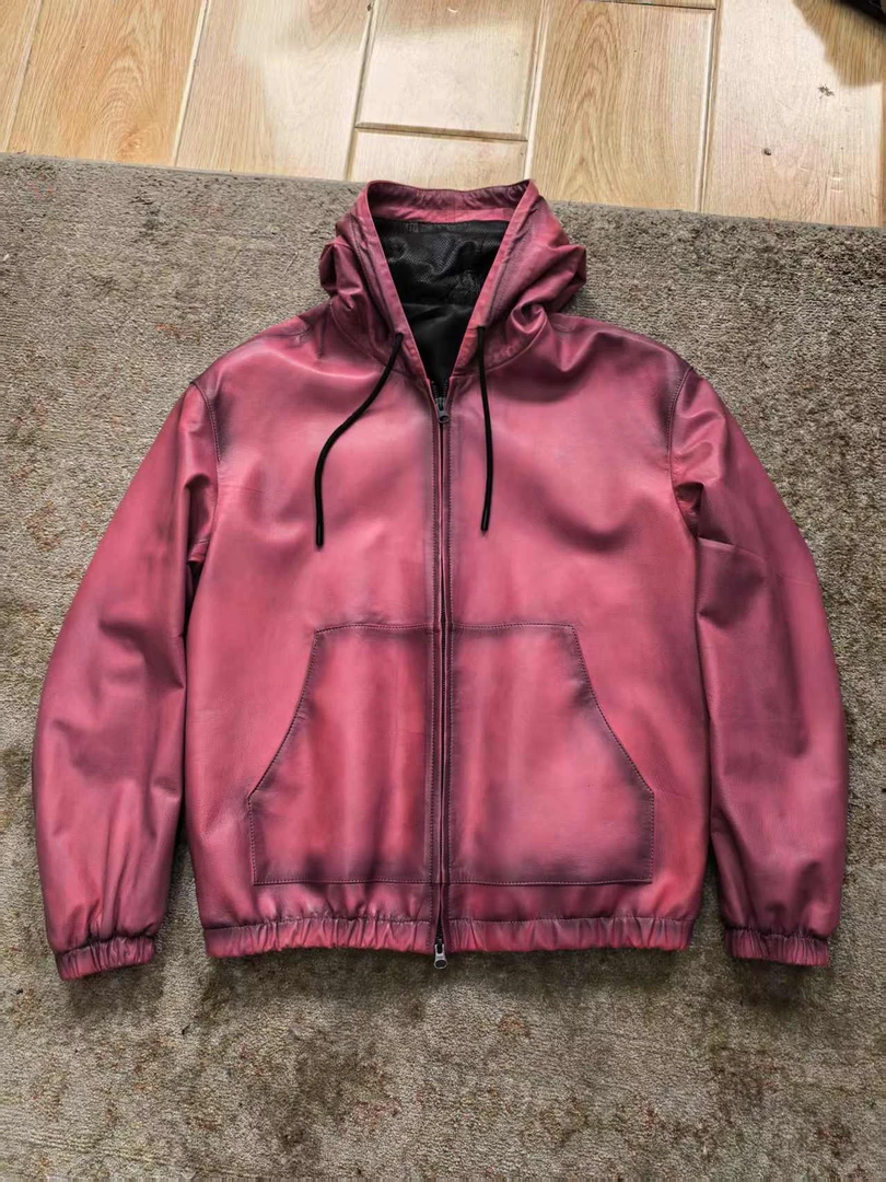 头层粉色绵羊皮老谭皮衣男士时尚百搭真皮连帽经典春秋新款休闲