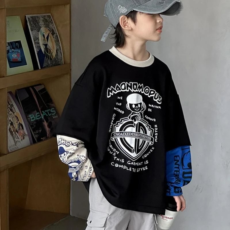 男童长袖T恤春秋款2025新款儿童装秋季假两件打底衫男孩秋装时尚t