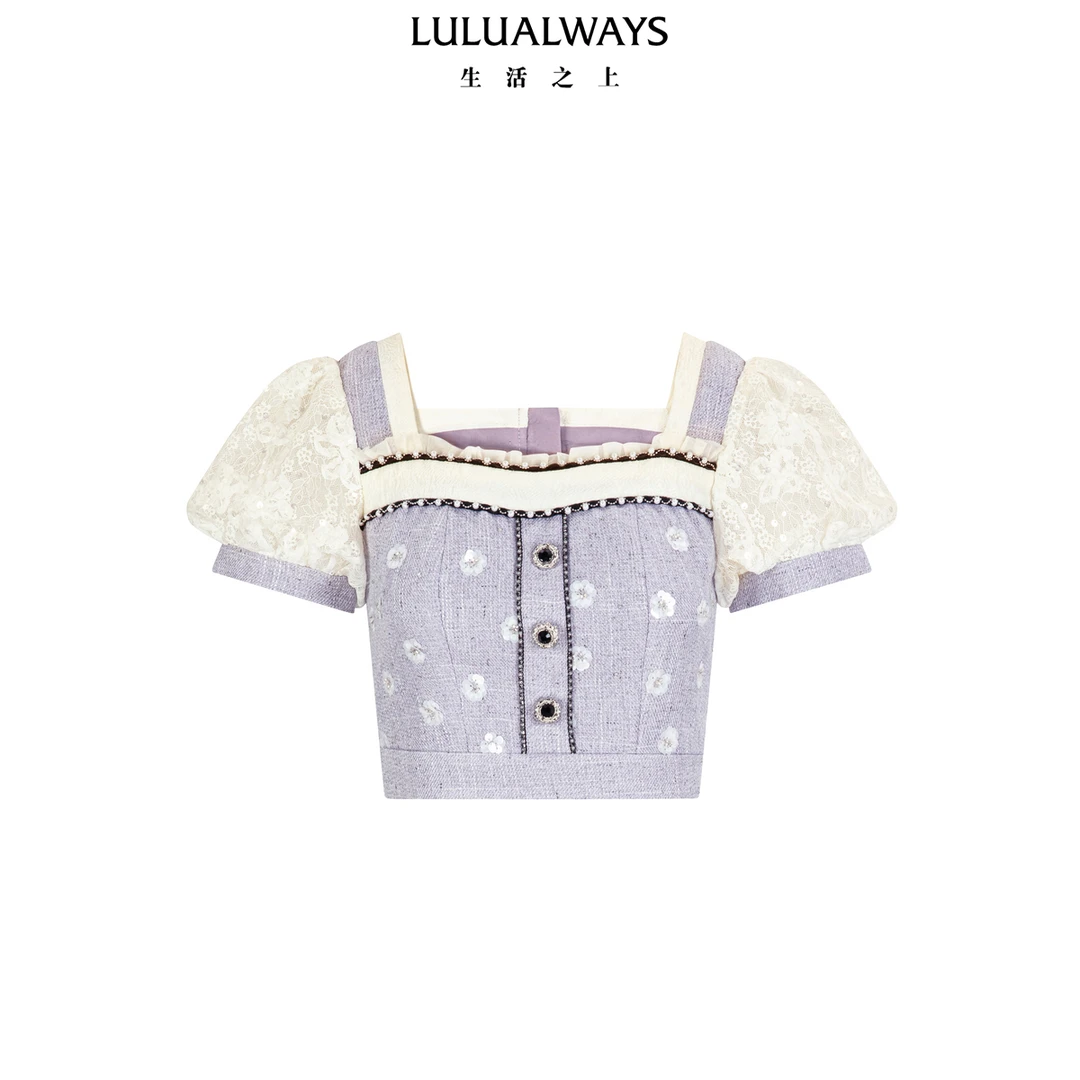 LULUALWAYS【商场同款】25夏季新款甜美风淡紫蕾丝拼接泡泡袖衬衫