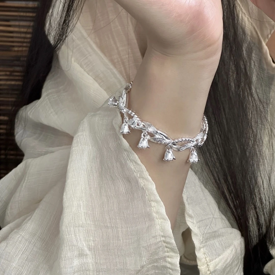 足银手镯 A65铃兰花银手镯女款中式复古设计小清新百搭气质闺蜜